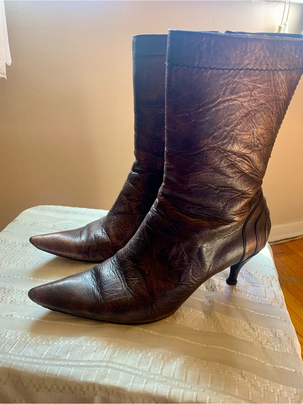 Costume National Mid-Calf Leather Boot in Dark Metallic Brown size 37 Italian